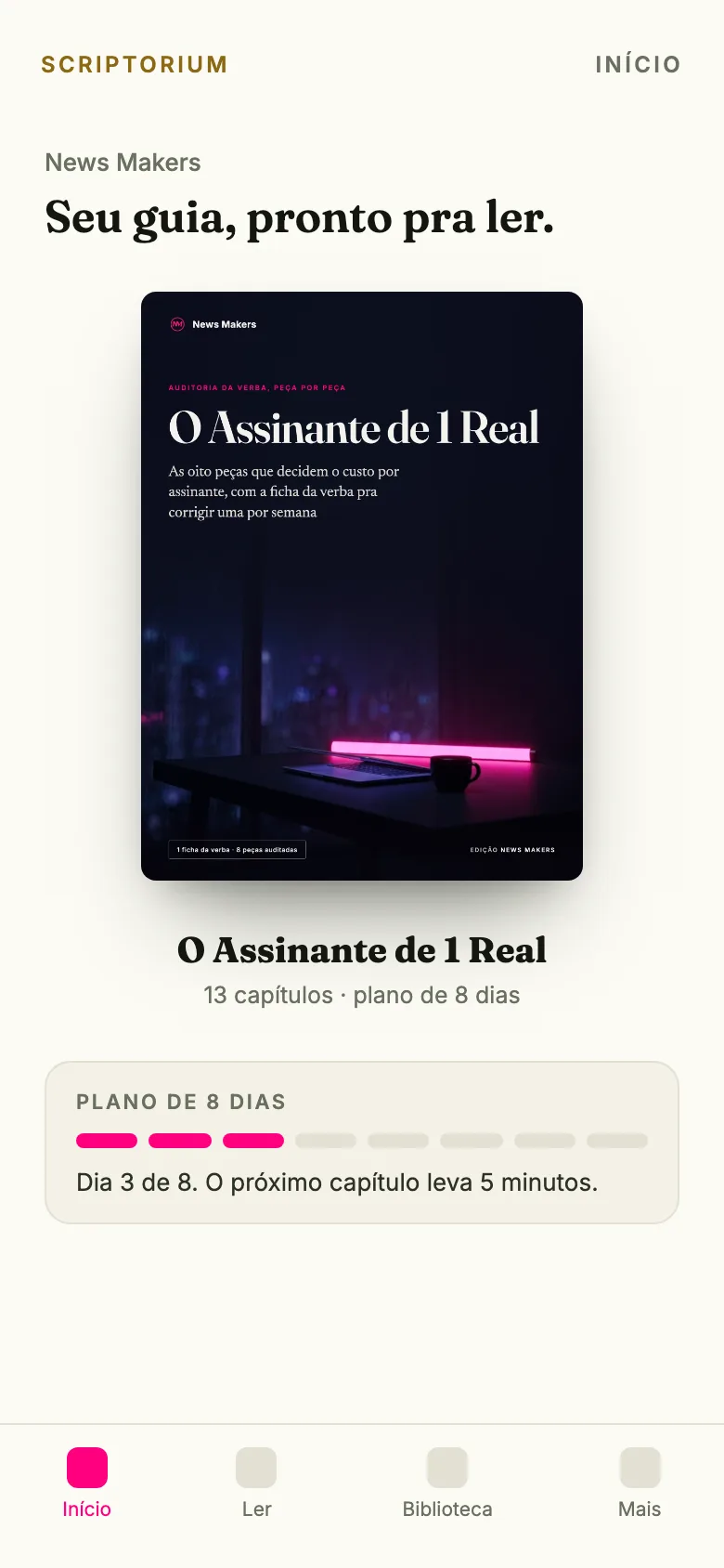 Capa do app: o ebook O Assinante de 1 Real aberto na tela Início, com o plano de 8 dias