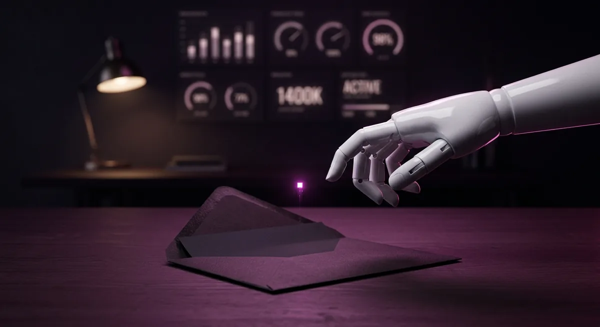 Mão robótica pairando sobre um envelope, com um pixel de luz subindo do papel